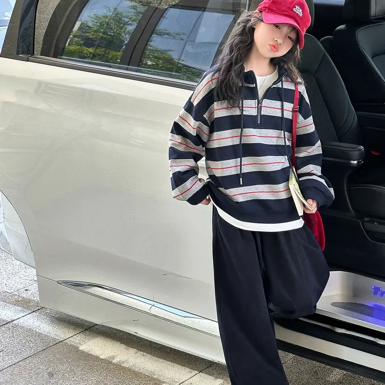 女童10-15岁大童套装秋装儿童洋气宽松条纹卫衣休闲裤两件套12岁