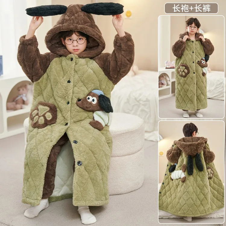 儿童睡袍睡衣冬季男童卡通珊瑚绒保暖三层夹棉加厚加绒2025新款