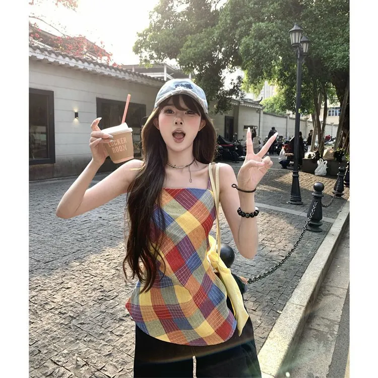 2025夏季新款多巴胺修身显瘦格子不规则无袖吊带背心洋气上衣