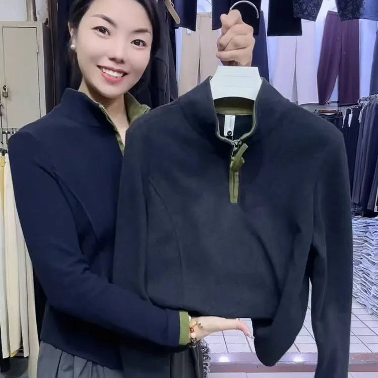25860半高领立领长袖修身纯色免烫T恤时尚针织打底衫女士拉链外套