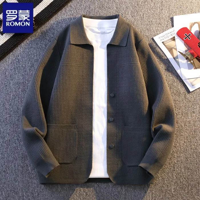 罗蒙开衫针织衫毛线衣2025秋冬新款青年简约潮流休闲帅气翻领外套