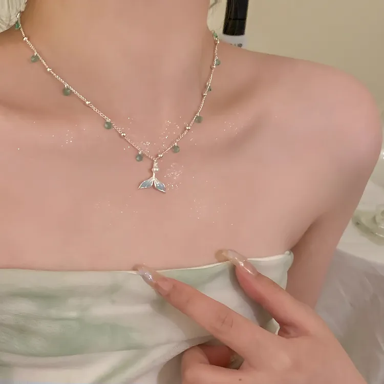铜项链 海的女儿~超仙人鱼尾巴吊坠项链夏天轻奢高级感锁骨链配饰