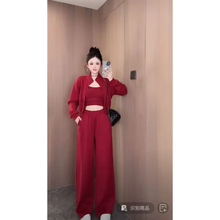曼曼【时髦速成】 拉链卫衣辣妹外套背心卫裤三件套装