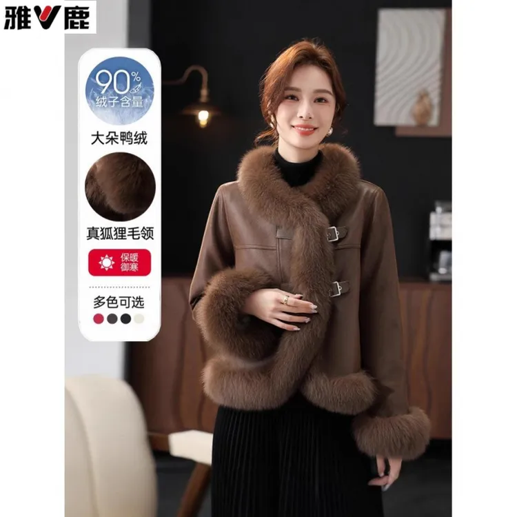 雅鹿冬季新款皮毛一体仿皮草短款羽绒服女皮毛一体轻奢鸭绒内胆外