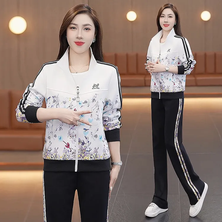 洋气运动套装女2025新款春秋季印花立领时尚妈妈宽松休闲服三件套