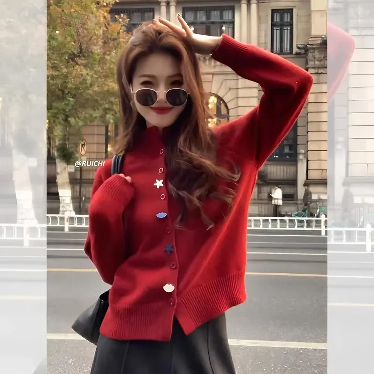 【小海星纽扣开衫】2025新款立领加厚冬季外套宽松针织毛衣女显白