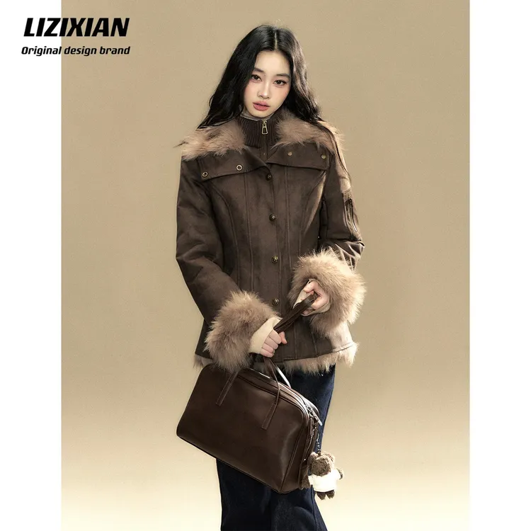 李梓仙LIZIXIAN原创双层门襟修身皮毛一体外套环保毛毛25冬季新款