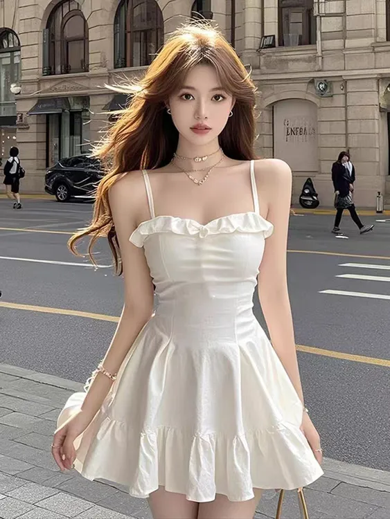 【KEKE】白色方领吊带褶皱木耳花边连衣裙女夏季性感时尚收腰短裙女