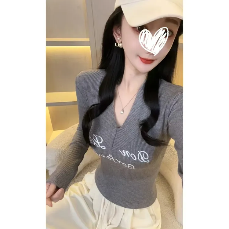 『原版面料320g』V领秋装T恤女长袖螺纹打底衫辣妹修身秋季显瘦8027