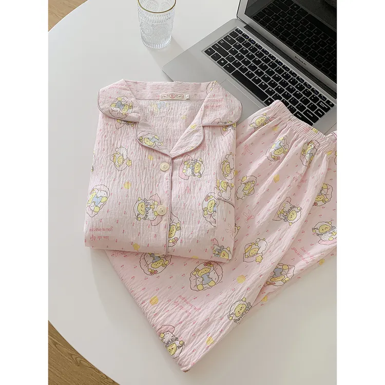 新款秋冬长袖家居服套装女可爱棉卡通带胸垫可外穿柔软材质两件