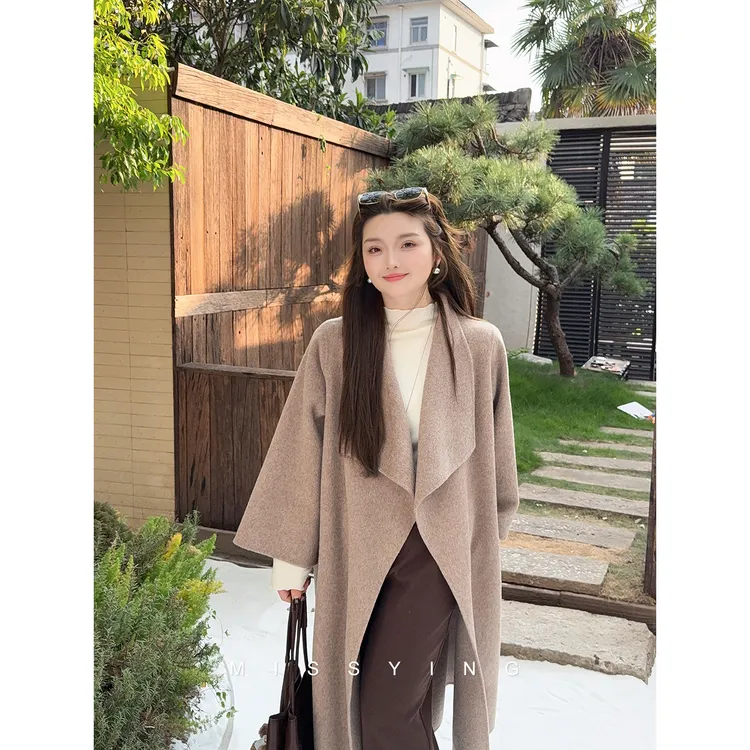 应小姐【落日庄园】微胖大码冬季显瘦羊毛+骆驼绒双面呢长款大衣