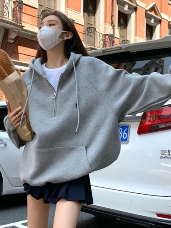 哥家商场同款2025秋季新款连帽半拉链卫衣小个子设计感宽松女外套