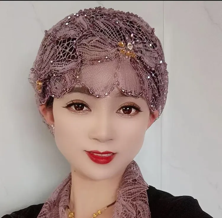 飘带款头巾帽包头帽缝线水晶珠帽子镂空百搭洋气（送打底帽）