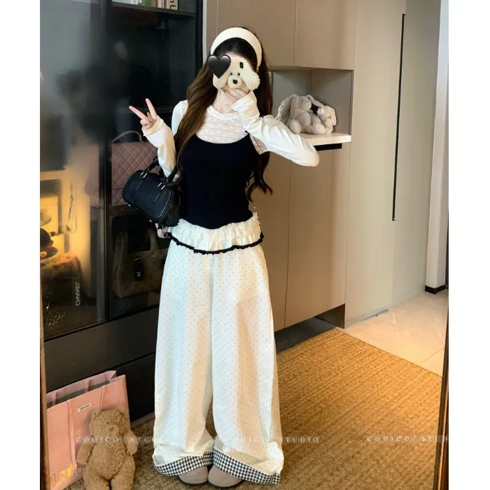 荷叶边蕾丝拼接假两件长袖T恤女秋季套装设计感波点休闲裤两件套
