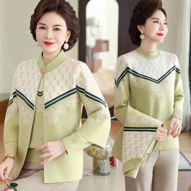 中老年妈妈装秋冬新款针织毛衣两件套装40-50岁高档女装唐装外套