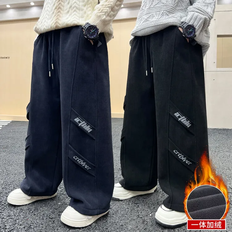男童加绒裤子灯芯绒秋冬款2025新款男孩冬季加厚儿童直筒休闲裤潮