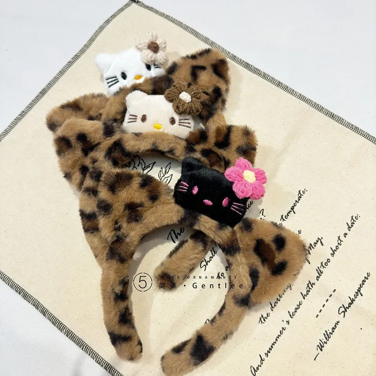 公主风黑皮凯蒂猫猫耳朵豹纹毛绒发箍女洗脸化妆头箍卡通发箍发饰