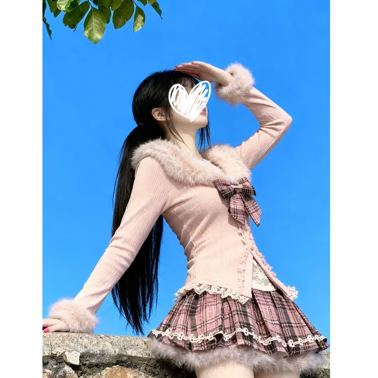 【甜心学妹】秋冬甜美纯欲风日系甜辣设计感格子上衣格子短裙套装 