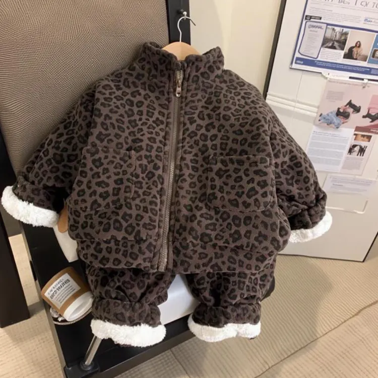 北极绒复古港风洋气女宝男童森系休闲套装冬季豹纹小童儿童女童