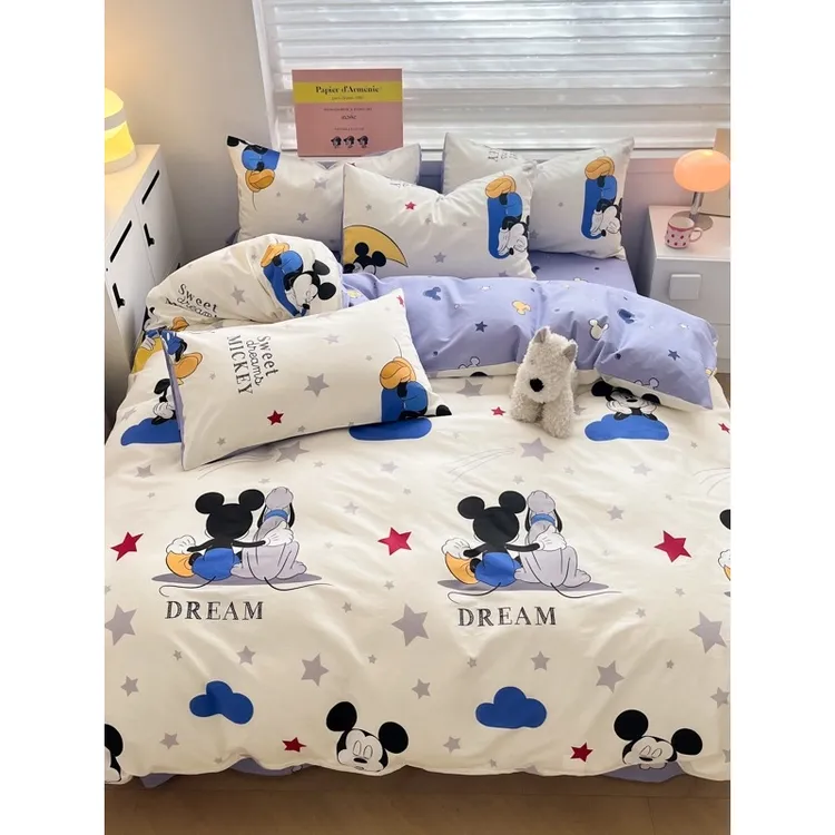 富安娜100%全棉纯棉卡通三件套床上四件套印花可爱米奇学生宿舍