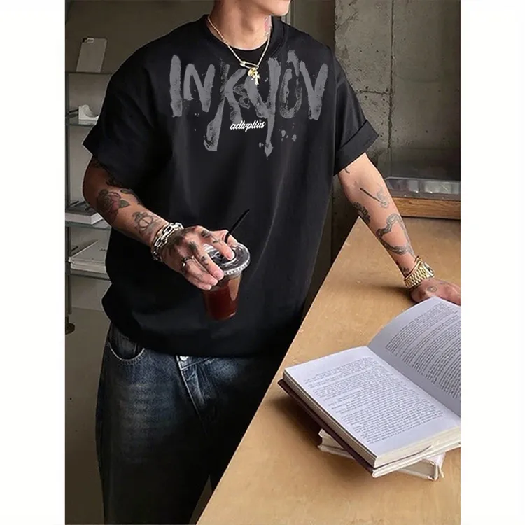 重磅潮牌嘻哈风泼墨涂鸦字母印花短袖t恤男夏季宽松痞帅纯棉上衣