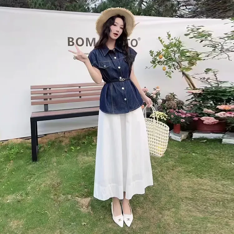 拉夏贝尔时尚牛仔套装裙女2025夏季新款韩版复古气质半身裙两件套