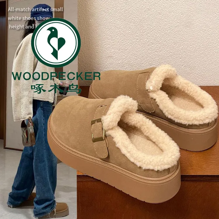 啄木鸟厚底勃肯鞋半拖女外穿2025新款加绒增高软底气质毛毛鞋拖鞋