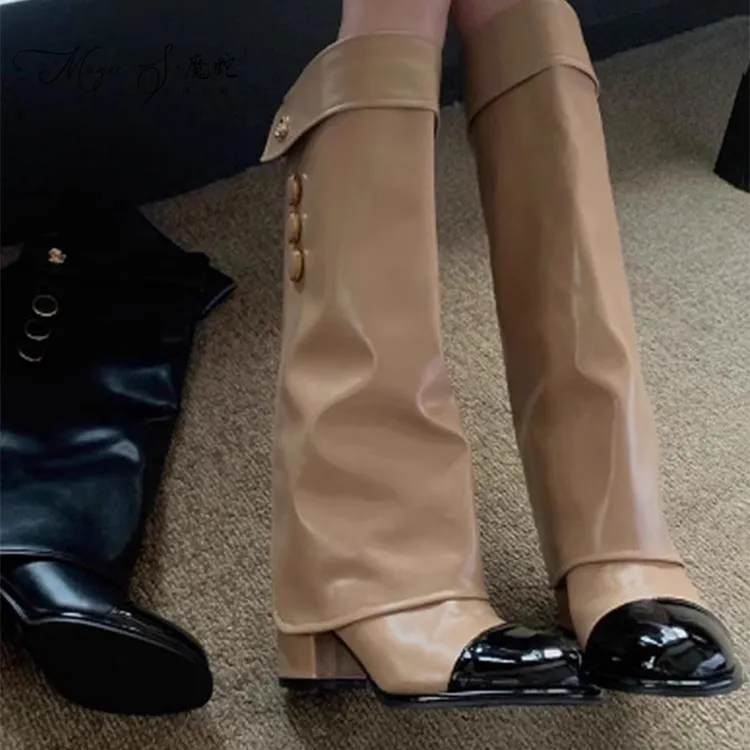 【万达撤柜】重磅定制~！小香风圆头拼色骑士高筒靴女气质粗跟不过膝