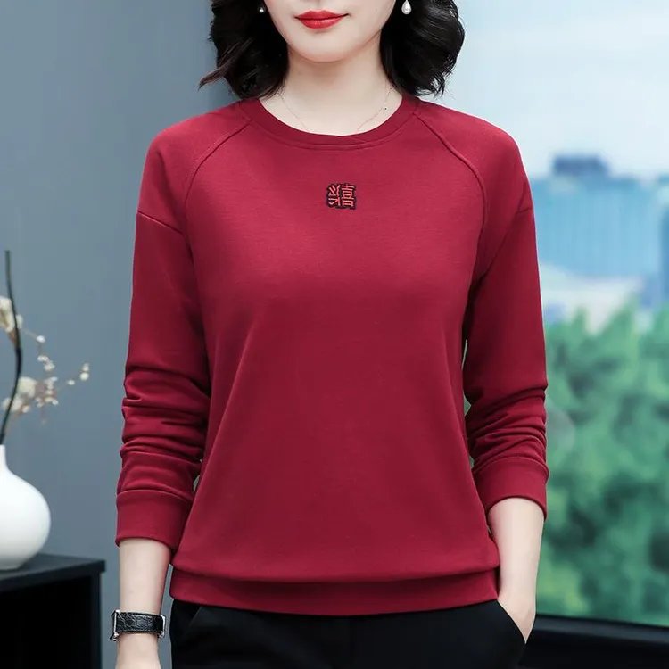 法劳格棉卫衣女士春秋款2025新款宽松圆领妈妈减龄洋气长袖薄款上
