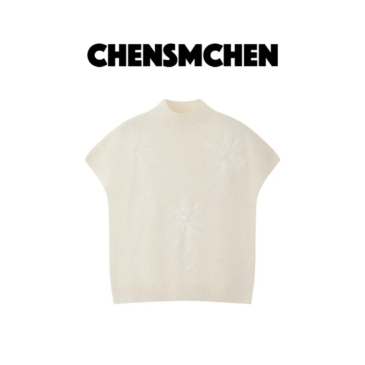 CHENSMCHEN 绵羊毛珠片绣花半高领针织衫女时尚百搭上衣CSZ8246WY