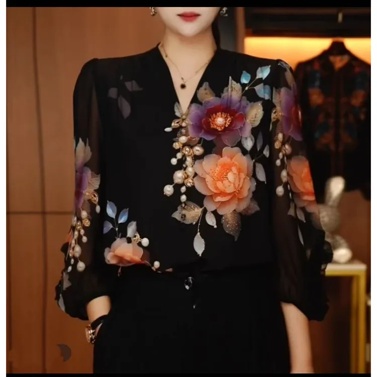 【花吐珠】七分袖V领显瘦小衫新款高端定位印花气质百搭女衬衣2160