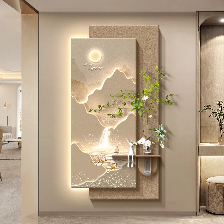 日照金山立体玄关装饰画入户正对门挂画造景奶油风客厅过道壁画灯