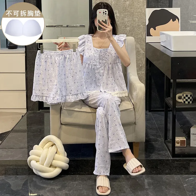 睡衣女夏季新款带胸垫小飞袖韩系方领甜美薄款小碎花三件套家居服