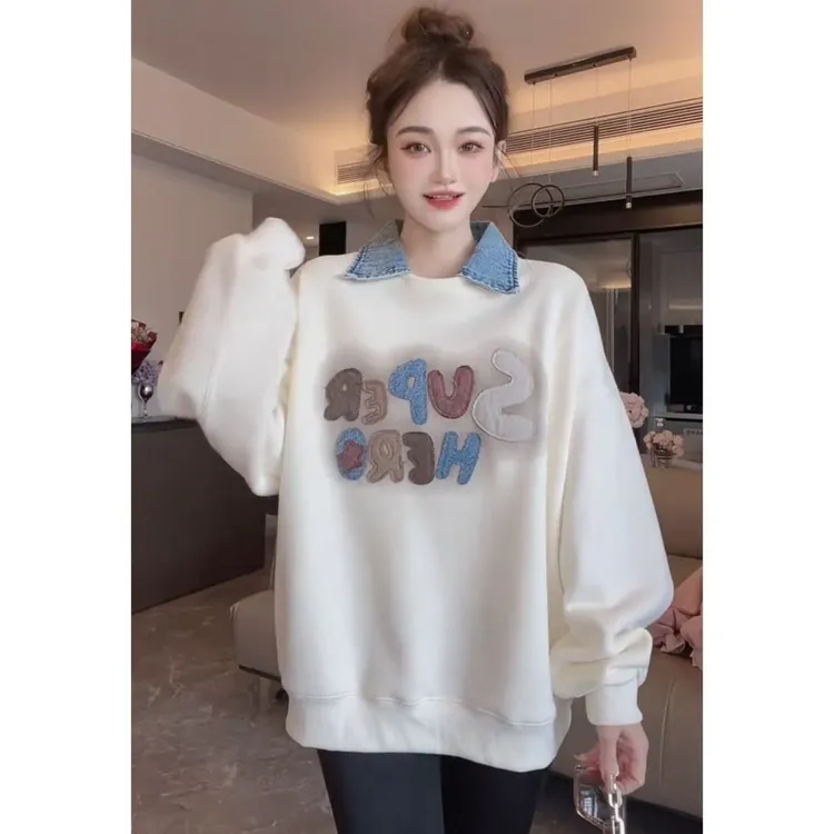 秋冬季新款polo牛仔领假两件圆领套头卫衣时尚内搭加绒卫衣2002