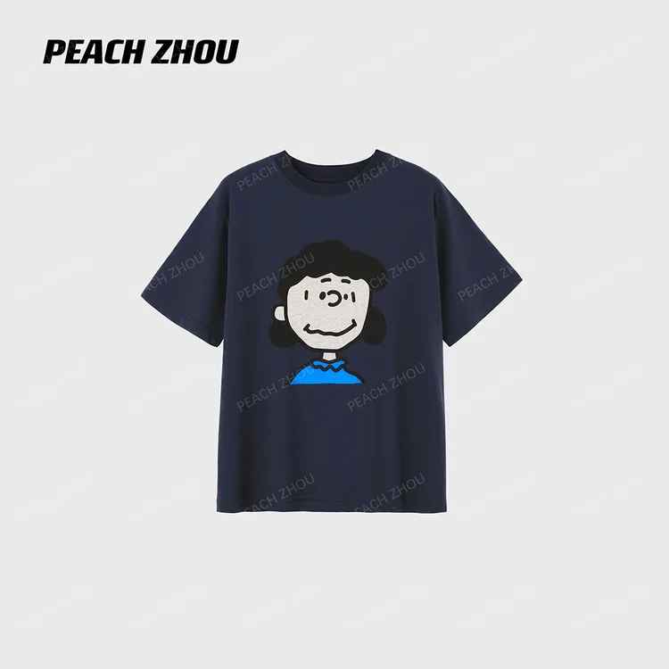 『PEACHZHOU』露西卡通印花正肩宽松圆领短袖美式休闲趣味减龄T恤女