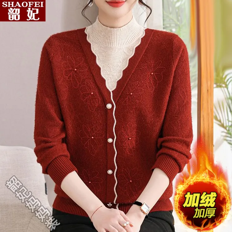 妈妈装假两件打底衫秋冬新款加绒加厚洋气上衣中老年女士保暖毛衣