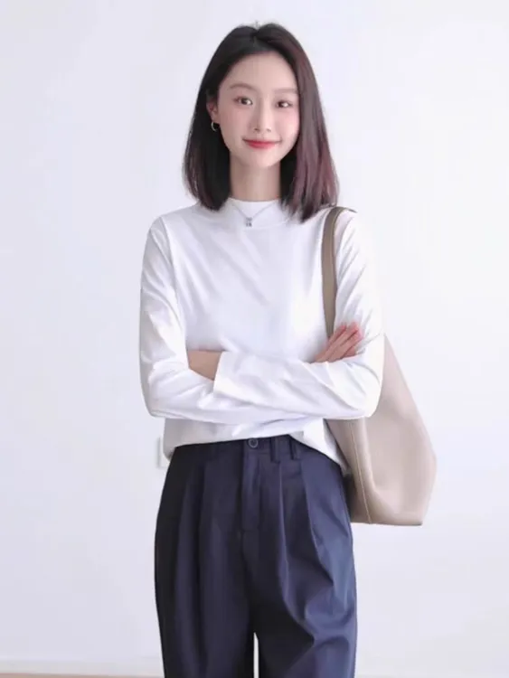 春秋季新款极简风纯色棉T简约半高领女士长袖T基础款打底上衣圆领