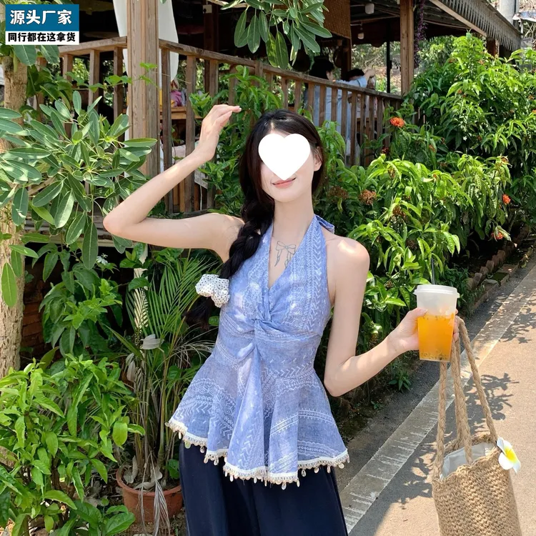 2025夏季新款韩系重工气质领钉珠扭结短款小个子挂脖吊带背心女