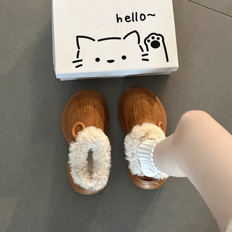 百搭扣带毛毛花边棉拖鞋女2025秋冬新款外穿毛茸茸保暖包头棉拖鞋