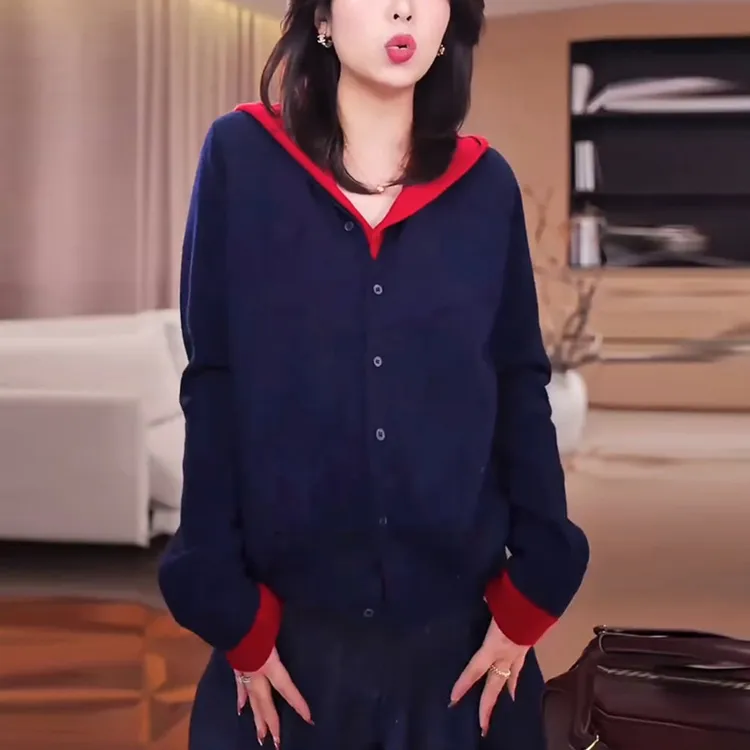 2025秋冬假两件撞色连帽针织衫女中年妈妈装时尚百搭宽松遮肚显瘦