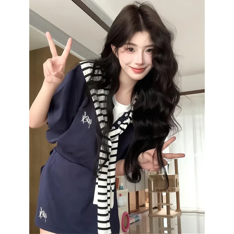 学院风拼接撞色短袖t恤上衣女2025夏季新款配披肩半身裙短裙套装