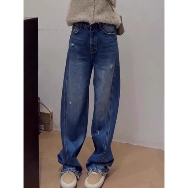 大码设计感小众高腰直筒宽松弯刀阔腿牛仔裤女2025年春季新款百搭