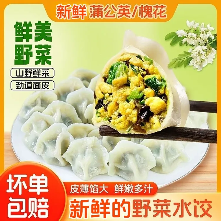 野菜水饺皮薄馅大槐花蒲公英鸡蛋荠菜茴香水饺早餐夜宵手工饺子