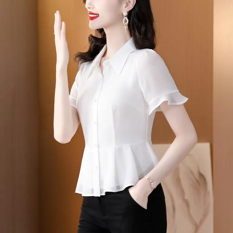 时尚减龄双层透气荷叶边短袖翻领衬衫修身显瘦遮肉上衣女夏季新款