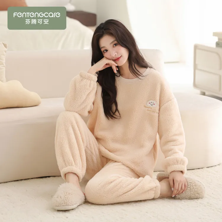 芬腾可安珊瑚绒睡衣女士2026新款秋冬季加厚加绒简约可外穿家居服