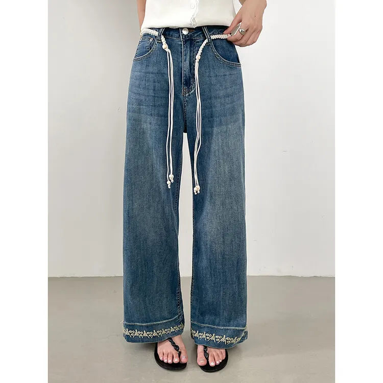 高腰显瘦复古做旧刺绣牛仔裤女夏季韩系绑带直筒裤休百搭休闲长裤