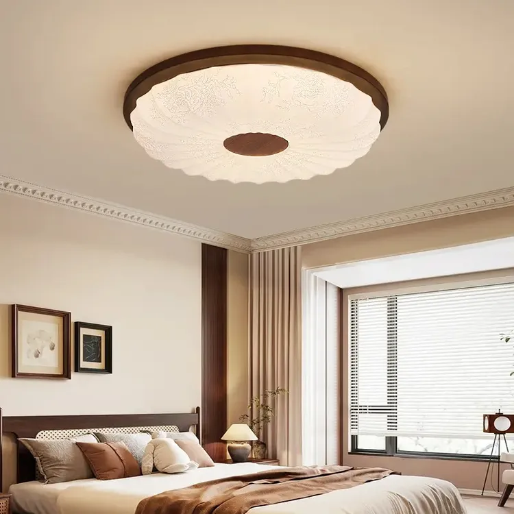 智能胡桃木纹色卧室灯中古风吸顶灯简约圆形新中式书房灯茶室灯具