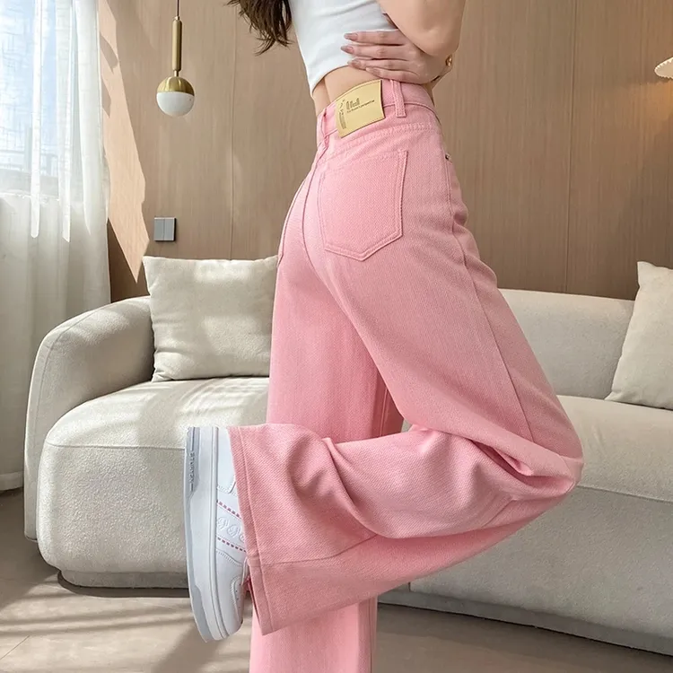 粉高腰阔腿直筒牛仔裤女夏季薄款宽松显瘦垂感裤子