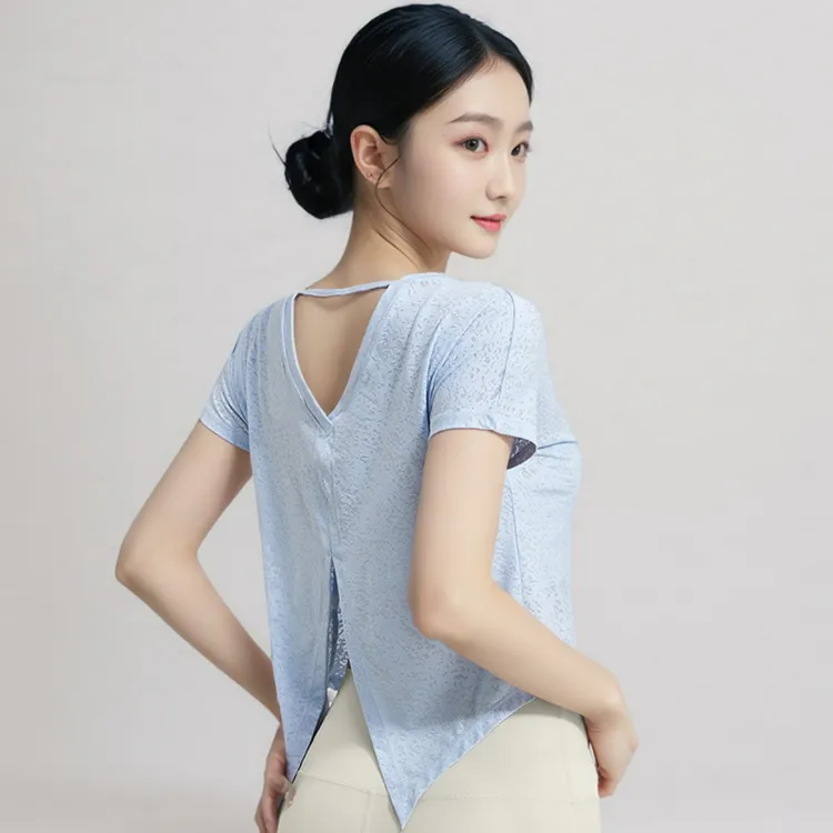 镂空美背开叉燕尾运动瑜伽T恤速干提花一衣两穿健身短袖跑步罩衫