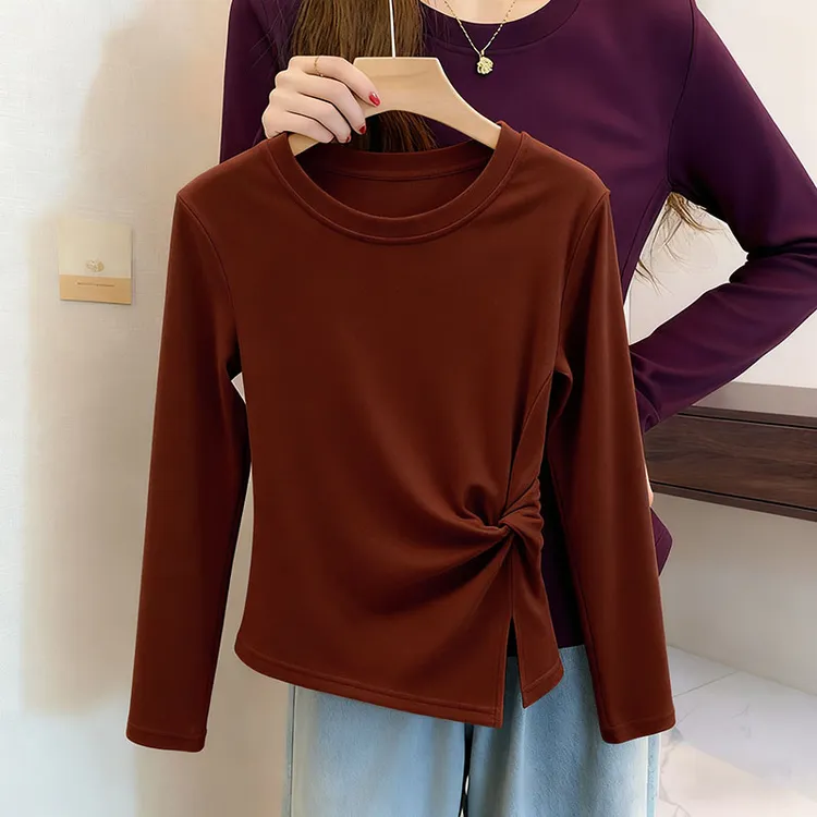 简约休闲扭结圆领收腰打底衫女内搭秋冬新款正肩百搭纯色T恤上衣